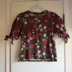 Zara Womens Floral Puff Sleeve Tie Cuff Cotton Top Green Pink Small 0264/306